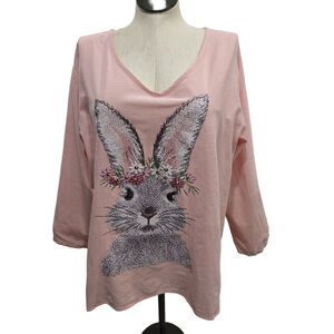 Women's Pink Long Sleeve Tee with Bunny Graphic, Size L